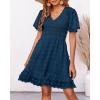 imageBTFBM Womens V Neck Casual Vacation Dress Short Sleeve Smocked Swiss Dot Swing Ruffle Mini Beach Summer Dresses 2025Swiss Dot Dark Blue