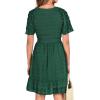 imageBTFBM Womens V Neck Casual Vacation Dress Short Sleeve Smocked Swiss Dot Swing Ruffle Mini Beach Summer Dresses 2025Swiss Dot Dark Green