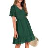 imageBTFBM Womens V Neck Casual Vacation Dress Short Sleeve Smocked Swiss Dot Swing Ruffle Mini Beach Summer Dresses 2025Swiss Dot Dark Green