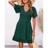 imageBTFBM Womens V Neck Casual Vacation Dress Short Sleeve Smocked Swiss Dot Swing Ruffle Mini Beach Summer Dresses 2025Swiss Dot Dark Green