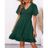 imageBTFBM Womens V Neck Casual Vacation Dress Short Sleeve Smocked Swiss Dot Swing Ruffle Mini Beach Summer Dresses 2025Swiss Dot Dark Green