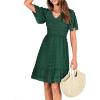 imageBTFBM Womens V Neck Casual Vacation Dress Short Sleeve Smocked Swiss Dot Swing Ruffle Mini Beach Summer Dresses 2025Swiss Dot Dark Green