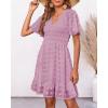 imageBTFBM Womens V Neck Casual Vacation Dress Short Sleeve Smocked Swiss Dot Swing Ruffle Mini Beach Summer Dresses 2025Swiss Dot Dusty Pink