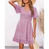 imageBTFBM Womens V Neck Casual Vacation Dress Short Sleeve Smocked Swiss Dot Swing Ruffle Mini Beach Summer Dresses 2025Swiss Dot Dusty Pink