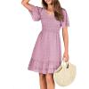 imageBTFBM Womens V Neck Casual Vacation Dress Short Sleeve Smocked Swiss Dot Swing Ruffle Mini Beach Summer Dresses 2025Swiss Dot Dusty Pink
