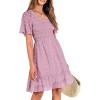 imageBTFBM Womens V Neck Casual Vacation Dress Short Sleeve Smocked Swiss Dot Swing Ruffle Mini Beach Summer Dresses 2025Swiss Dot Dusty Pink