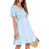 imageBTFBM Womens V Neck Casual Vacation Dress Short Sleeve Smocked Swiss Dot Swing Ruffle Mini Beach Summer Dresses 2025Swiss Dot Light Blue