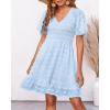imageBTFBM Womens V Neck Casual Vacation Dress Short Sleeve Smocked Swiss Dot Swing Ruffle Mini Beach Summer Dresses 2025Swiss Dot Light Blue