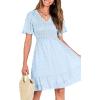 imageBTFBM Womens V Neck Casual Vacation Dress Short Sleeve Smocked Swiss Dot Swing Ruffle Mini Beach Summer Dresses 2025Swiss Dot Light Blue