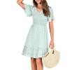 imageBTFBM Womens V Neck Casual Vacation Dress Short Sleeve Smocked Swiss Dot Swing Ruffle Mini Beach Summer Dresses 2025Swiss Dot Light Green