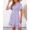 imageBTFBM Womens V Neck Casual Vacation Dress Short Sleeve Smocked Swiss Dot Swing Ruffle Mini Beach Summer Dresses 2025Swiss Dot Light Purple