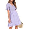 imageBTFBM Womens V Neck Casual Vacation Dress Short Sleeve Smocked Swiss Dot Swing Ruffle Mini Beach Summer Dresses 2025Swiss Dot Light Purple