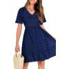 imageBTFBM Womens V Neck Casual Vacation Dress Short Sleeve Smocked Swiss Dot Swing Ruffle Mini Beach Summer Dresses 2025Swiss Dot Navy