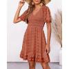 imageBTFBM Womens V Neck Casual Vacation Dress Short Sleeve Smocked Swiss Dot Swing Ruffle Mini Beach Summer Dresses 2025Swiss Dot Orange