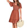 imageBTFBM Womens V Neck Casual Vacation Dress Short Sleeve Smocked Swiss Dot Swing Ruffle Mini Beach Summer Dresses 2025Swiss Dot Orange