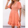 imageBTFBM Womens V Neck Casual Vacation Dress Short Sleeve Smocked Swiss Dot Swing Ruffle Mini Beach Summer Dresses 2025Swiss Dot Orange Pink