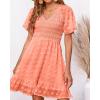 imageBTFBM Womens V Neck Casual Vacation Dress Short Sleeve Smocked Swiss Dot Swing Ruffle Mini Beach Summer Dresses 2025Swiss Dot Orange Pink