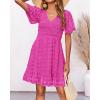 imageBTFBM Womens V Neck Casual Vacation Dress Short Sleeve Smocked Swiss Dot Swing Ruffle Mini Beach Summer Dresses 2025Swiss Dot Rose Red