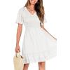imageBTFBM Womens V Neck Casual Vacation Dress Short Sleeve Smocked Swiss Dot Swing Ruffle Mini Beach Summer Dresses 2025Swiss Dot White