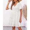 imageBTFBM Womens V Neck Casual Vacation Dress Short Sleeve Smocked Swiss Dot Swing Ruffle Mini Beach Summer Dresses 2025Swiss Dot White
