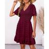 imageBTFBM Womens V Neck Casual Vacation Dress Short Sleeve Smocked Swiss Dot Swing Ruffle Mini Beach Summer Dresses 2025Swiss Dot Wine Red