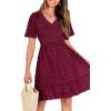 imageBTFBM Womens V Neck Casual Vacation Dress Short Sleeve Smocked Swiss Dot Swing Ruffle Mini Beach Summer Dresses 2025Swiss Dot Wine Red