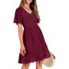 imageBTFBM Womens V Neck Casual Vacation Dress Short Sleeve Smocked Swiss Dot Swing Ruffle Mini Beach Summer Dresses 2025Swiss Dot Wine Red