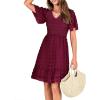 imageBTFBM Womens V Neck Casual Vacation Dress Short Sleeve Smocked Swiss Dot Swing Ruffle Mini Beach Summer Dresses 2025Swiss Dot Wine Red