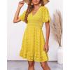 imageBTFBM Womens V Neck Casual Vacation Dress Short Sleeve Smocked Swiss Dot Swing Ruffle Mini Beach Summer Dresses 2025Swiss Dot Yellow