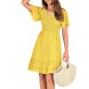 imageBTFBM Womens V Neck Casual Vacation Dress Short Sleeve Smocked Swiss Dot Swing Ruffle Mini Beach Summer Dresses 2025Swiss Dot Yellow