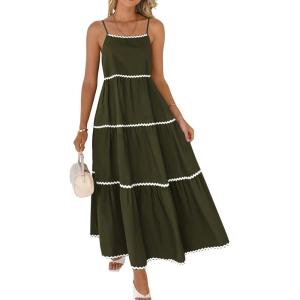imageBTFBM Boho Summer Dresses 2025 Spaghetti Strap Backless Sundress RIC Rac Trim Tiered ALine Long Casual Vacation DressSolid Army Green