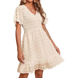 imageBTFBM Womens V Neck Casual Vacation Dress Short Sleeve Smocked Swiss Dot Swing Ruffle Mini Beach Summer Dresses 2025Swiss Dot Apricot