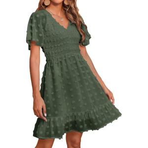 imageBTFBM Womens V Neck Casual Vacation Dress Short Sleeve Smocked Swiss Dot Swing Ruffle Mini Beach Summer Dresses 2025Swiss Dot Army Green