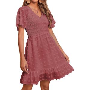 imageBTFBM Womens V Neck Casual Vacation Dress Short Sleeve Smocked Swiss Dot Swing Ruffle Mini Beach Summer Dresses 2025Swiss Dot Bean Paste Red