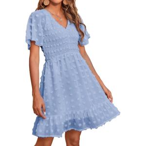 imageBTFBM Womens V Neck Casual Vacation Dress Short Sleeve Smocked Swiss Dot Swing Ruffle Mini Beach Summer Dresses 2025Swiss Dot Blue