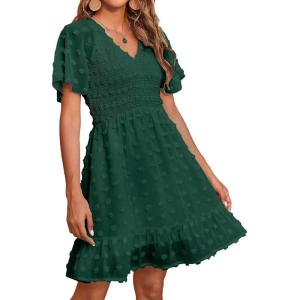 imageBTFBM Womens V Neck Casual Vacation Dress Short Sleeve Smocked Swiss Dot Swing Ruffle Mini Beach Summer Dresses 2025Swiss Dot Dark Green