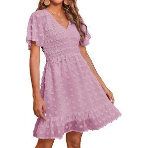 imageBTFBM Womens V Neck Casual Vacation Dress Short Sleeve Smocked Swiss Dot Swing Ruffle Mini Beach Summer Dresses 2025Swiss Dot Dusty Pink