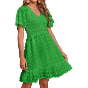 imageBTFBM Womens V Neck Casual Vacation Dress Short Sleeve Smocked Swiss Dot Swing Ruffle Mini Beach Summer Dresses 2025Swiss Dot Green