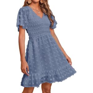 imageBTFBM Womens V Neck Casual Vacation Dress Short Sleeve Smocked Swiss Dot Swing Ruffle Mini Beach Summer Dresses 2025Swiss Dot Grey Blue