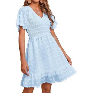 imageBTFBM Womens V Neck Casual Vacation Dress Short Sleeve Smocked Swiss Dot Swing Ruffle Mini Beach Summer Dresses 2025Swiss Dot Light Blue
