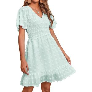imageBTFBM Womens V Neck Casual Vacation Dress Short Sleeve Smocked Swiss Dot Swing Ruffle Mini Beach Summer Dresses 2025Swiss Dot Light Green