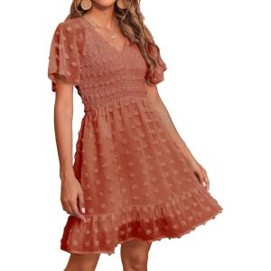 imageBTFBM Womens V Neck Casual Vacation Dress Short Sleeve Smocked Swiss Dot Swing Ruffle Mini Beach Summer Dresses 2025Swiss Dot Orange