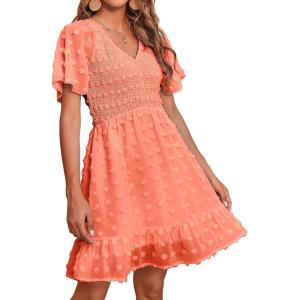 imageBTFBM Womens V Neck Casual Vacation Dress Short Sleeve Smocked Swiss Dot Swing Ruffle Mini Beach Summer Dresses 2025Swiss Dot Orange Pink