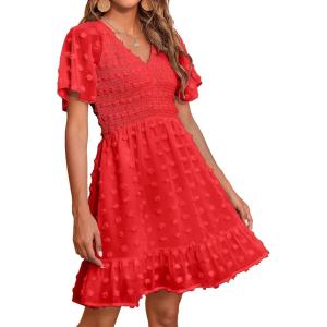 imageBTFBM Womens V Neck Casual Vacation Dress Short Sleeve Smocked Swiss Dot Swing Ruffle Mini Beach Summer Dresses 2025Swiss Dot Red
