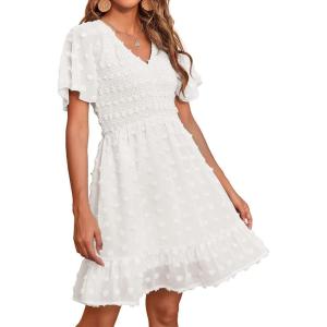 imageBTFBM Womens V Neck Casual Vacation Dress Short Sleeve Smocked Swiss Dot Swing Ruffle Mini Beach Summer Dresses 2025Swiss Dot White
