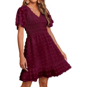 imageBTFBM Womens V Neck Casual Vacation Dress Short Sleeve Smocked Swiss Dot Swing Ruffle Mini Beach Summer Dresses 2025Swiss Dot Wine Red