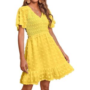 imageBTFBM Womens V Neck Casual Vacation Dress Short Sleeve Smocked Swiss Dot Swing Ruffle Mini Beach Summer Dresses 2025Swiss Dot Yellow