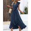 imageBTFBM Women V Neck Summer Dress 2025 Cap Sleeve Swiss Dot Boho Flowy Ruffle Slit Beach Party Long Maxi Cocktail DressesSwiss Dot Navy