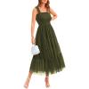 imageBTFBM Womens 2025 Summer Midi Dress Casual Sleeveless Square Neck Smocked Ruffle Tulle Party Wedding Guest DressesArmy Green