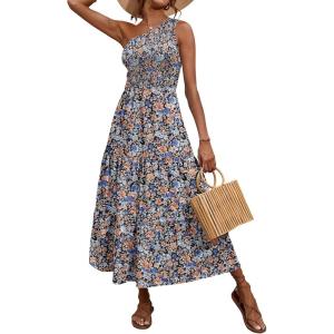 imageBTFBM 2025 Summer One Shoulder Dresses for Women Casual Sleeveless High Waist Floral Flowy Smocked Boho Beach Maxi DressFloral Black Orange Blue
